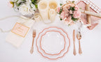 NOCCUR 150PCS Rose Gold Plastic Plates&Rose Gold Silverware-Include 30Dinner Plates, 30Salad plates, 90 Disposable Rose Gold Utensils- Ideal for Weddings/Party/Mother's Day