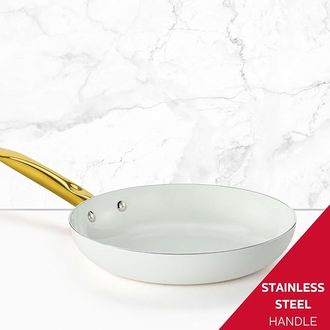 Holstein Housewares 8-Inch Ceramic Nonstick Frying Pan Skillet, Elegant White and Gold Color Handle - Golden Elegance for Every Kitchen