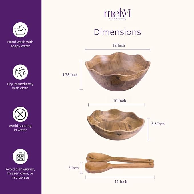 Melvvi Large Wooden Salad Bowl Set of 2 with 2 Serving Utensils | 10" &12 inch Extra Large Acacia Wood Serving Bowls | Great gift for mothers (Natural Set of 4)