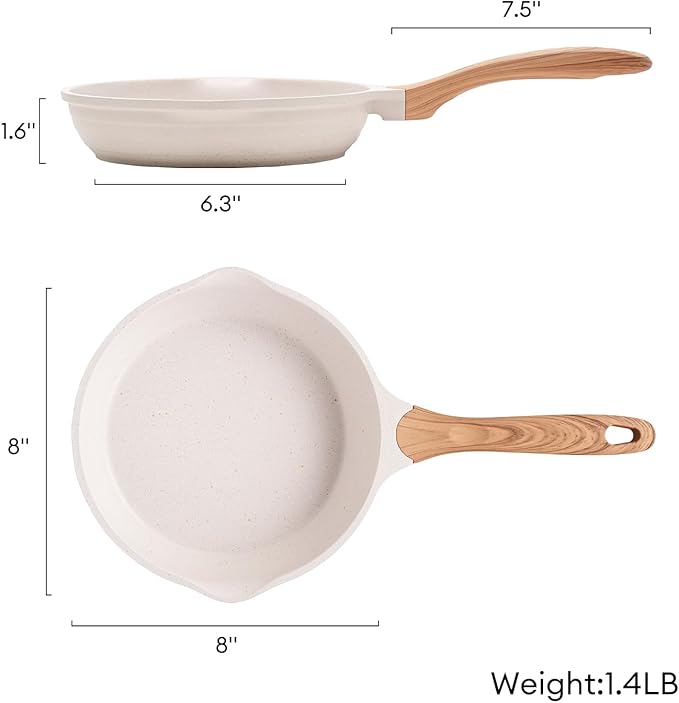 JEETEE 8 inch Nonstick Frying Pan Granite Stone Coating Cookware, Nonstick Omelette Skillet with Soft Touch Handle, Compatible with All Stoves (Beige)