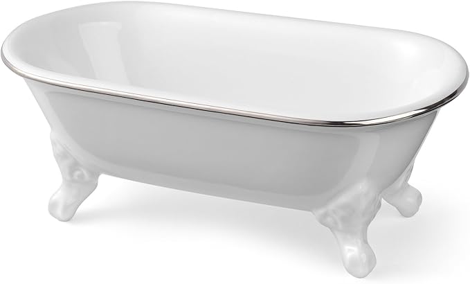 6.5" Ceramic Mini Decorative Clawfoot Bathtub Bar Soap Dish, Kitchen Sponge Holder and Shower Tray for Bathroom, 1 Pack (White Silver Rim)