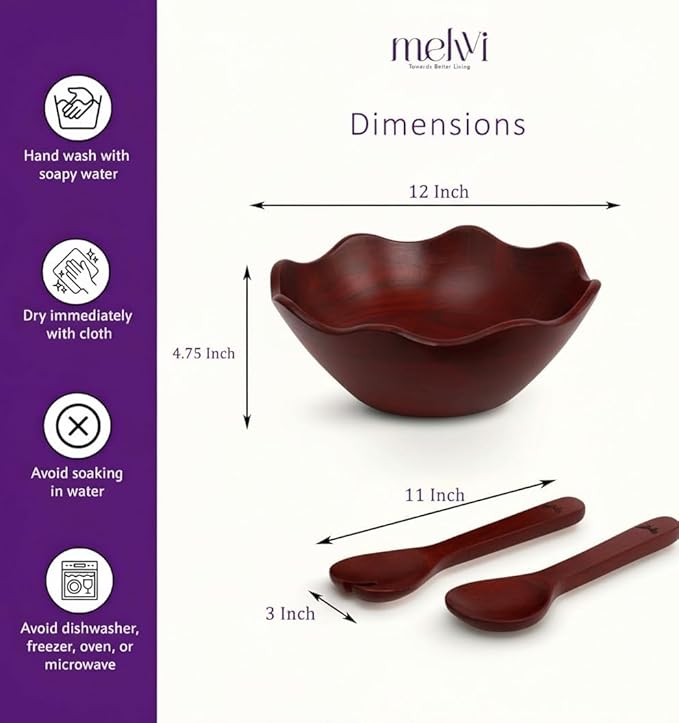 Melvvi Large Wooden Salad Bowl Set – 12" Wood Serving Bowl with 2 Utensils | Mango wood Scratch-Resistant - For Salad, Pasta & Fruits (Walnut Brown)