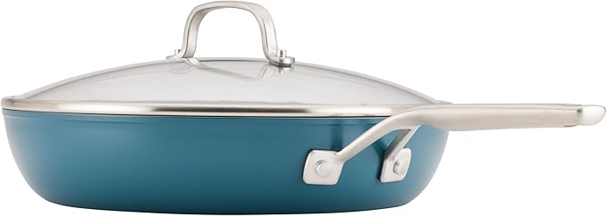 KitchenAid Hard Anodized Ceramic Induction Nonstick Cookware Frying Pan/Skillet with Lid, Dishwasher Safe, 12.25 Inch Non Stick Fry Pan with Stainless Steel Handle - Agave Blue