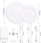 NOCCUR 175pcs Silver Plastic Plates - Silver Rim Plastic Tableware Include 25 Dinner/Dessert Plates, 25 Forks, 25 Knives, 25 Spoons for Wedding/Party