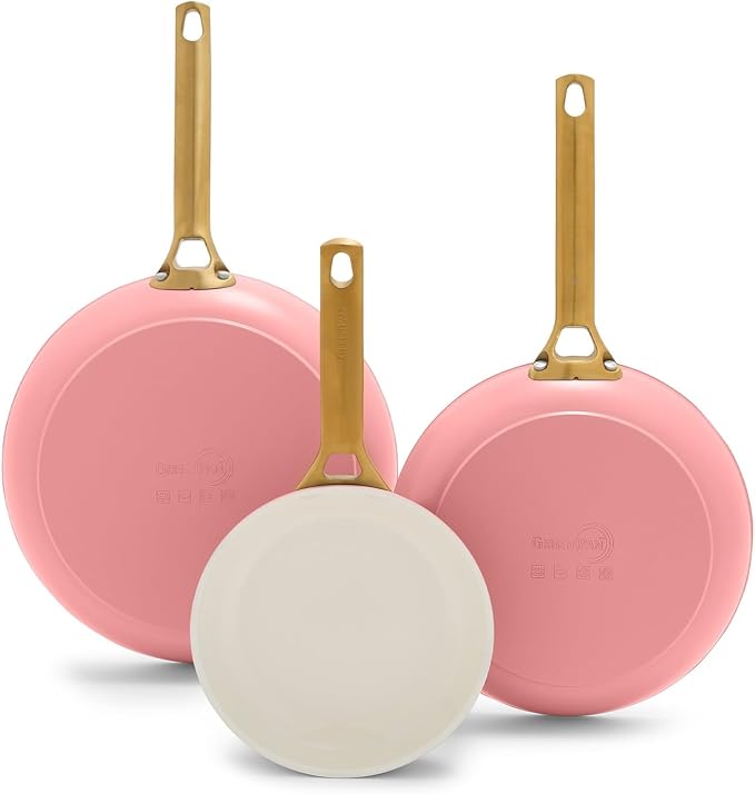 GreenPan 8" 10" & 12" 3 Piece Frying Pan Skillet Set, Healthy Ceramic Nonstick PFAS-Free Cookware, Hard Anodized Aluminum, Gold-Tone Stainless Steel Handles, Dishwasher and Oven Safe, Coral