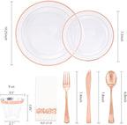 DaYammi 350Pcs Rose Gold Dinnerware Set Include: 50 Dinner Plates 10.25’’,50 Dessert Plates 7.5’’,50 Rose Gold Cutlery,50 Disposable Cups 9 OZ with 50 Napkins for Party
