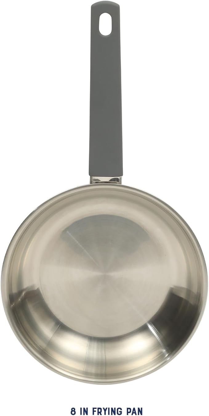 Oster Beauford 8-Inch Stainless Steel Frying Pan – Induction, Oven & Dishwasher Safe Skillet, Soft-Touch Gray Handle, 5-Ply Encapsulated Bottom