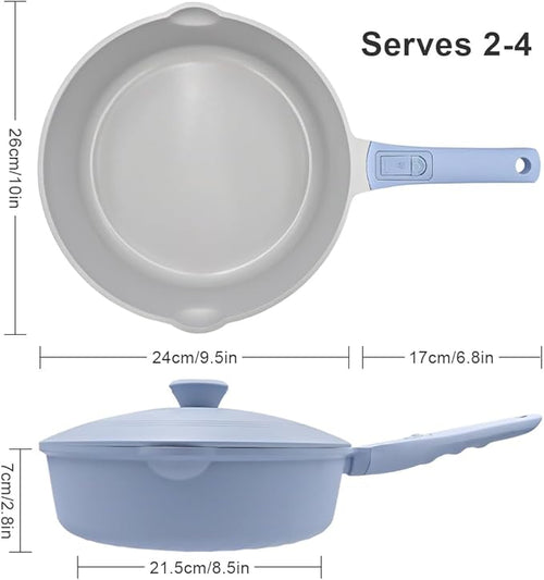 10 Inch Saute Pan with Lid, Ceramic Deep Frying Pans Nonstick, 4 Qt Non Stick Skillet with Lid, Compatible with All Stovetops, Detachable Handle, Oven Safe, PFOA Free, Blue