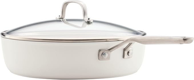 KitchenAid Hard Anodized Ceramic Induction Nonstick Cookware Saute Pan/Jumbo Cooker with Lid and Helper Handle, Dishwasher Safe, 5 Quart Sauteuse with Stainless Steel Handles - Porcelain White