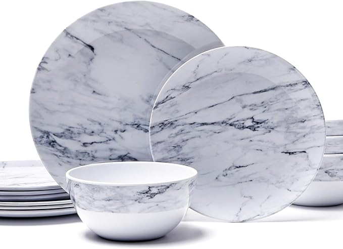 TP 12-Piece Melamine Dinnerware Sets, Plates and Bowls Dishes Set for 4, Break-Resistant & Non-Microwavable, Lightweight Dinner Plates, Marble Pattern