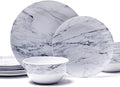 TP 12-Piece Melamine Dinnerware Sets, Plates and Bowls Dishes Set for 4, Break-Resistant & Non-Microwavable, Lightweight Dinner Plates, Marble Pattern