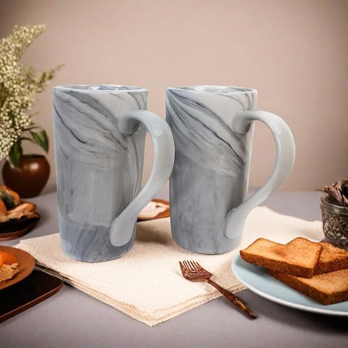 20 OZ Large Coffee Mugs, Grey Marble Ceramic Tall Beer Cups with Handle Set of 2 600 ml Oversized Porcelain Bulk Big Tea Cup for Men Women Gifts Mom and Dad