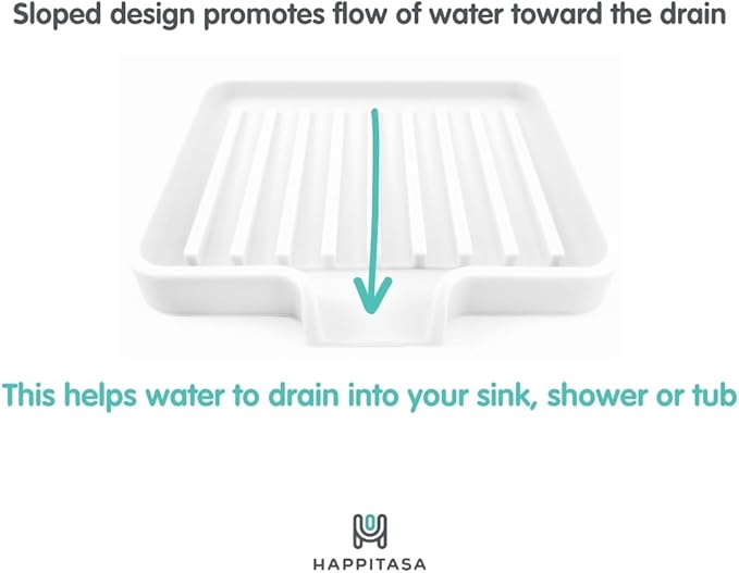 Happitasa Silicone Soap Dish Tray and Sponge Holder with Drain Chute, Pack of 2 | Bathroom and Kitchen Sink Organizer Caddy (Light Grey, 5.2"x4", 7.2 Ounces)