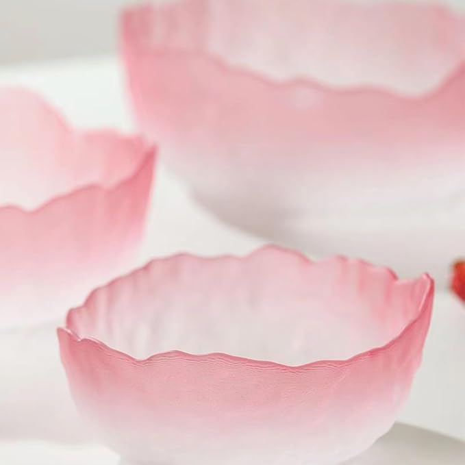 Glass Salad Bowl Irregular Lotus Flower Shape Serving Bowls, Mixing Nut Bowls for Kitchen Fruist, Snack, Dessert, and Ice Cream Candy Dishes (Crystal Gradient Pink, Set of 3 (L,M,S))