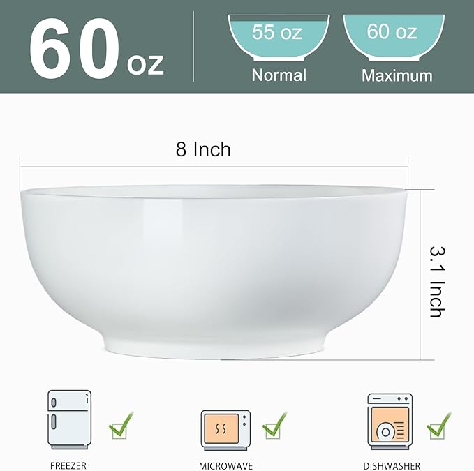 60 oz Large Pho Soup Bowls, Large Ramen Bowls, Off-White Big Ceramic Bowls Set of 3, 8 Inch
