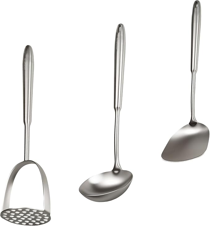 18/10 Stainless Steel Cooking Utensils Set, 3 PCS Long Large Metal Cooking Utensil Tools Set, Mirror Polished Kitchen Gadget Cookware and Kitchen Tool Set, Dishwasher Safe