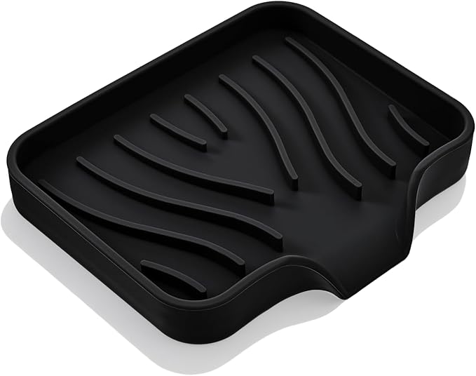 Grevosea Sponge Holder for Kitchen Sink, Silicone Dish Sponge Holder with Drain Spout Soap Dish Tray for Shower Bathroom Scrubbers Kitchen Sink Organizer Accessories (Black)
