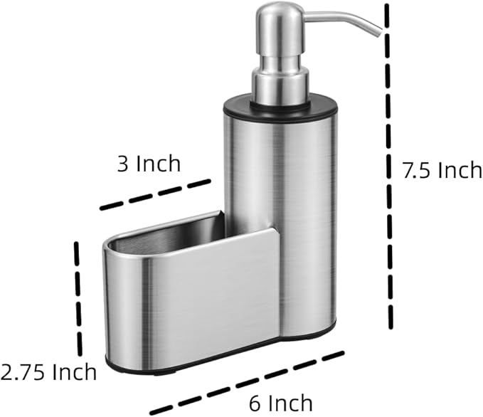 Kitchen Soap Dispenser with Sponge Holder, 12 oz Dish Soap Dispenser for Kitchen Sink Countertop, Stainless Steel Pump, Organizer Holder with Storage for Bathroom