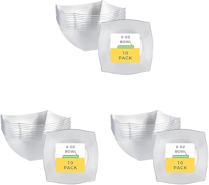 Restaurantware Moderna 8 Ounce Fancy Square Disposable Bowls - Durable Heavy-Duty Clear Plastic for Warm and Cold Foods (Pack of 3)