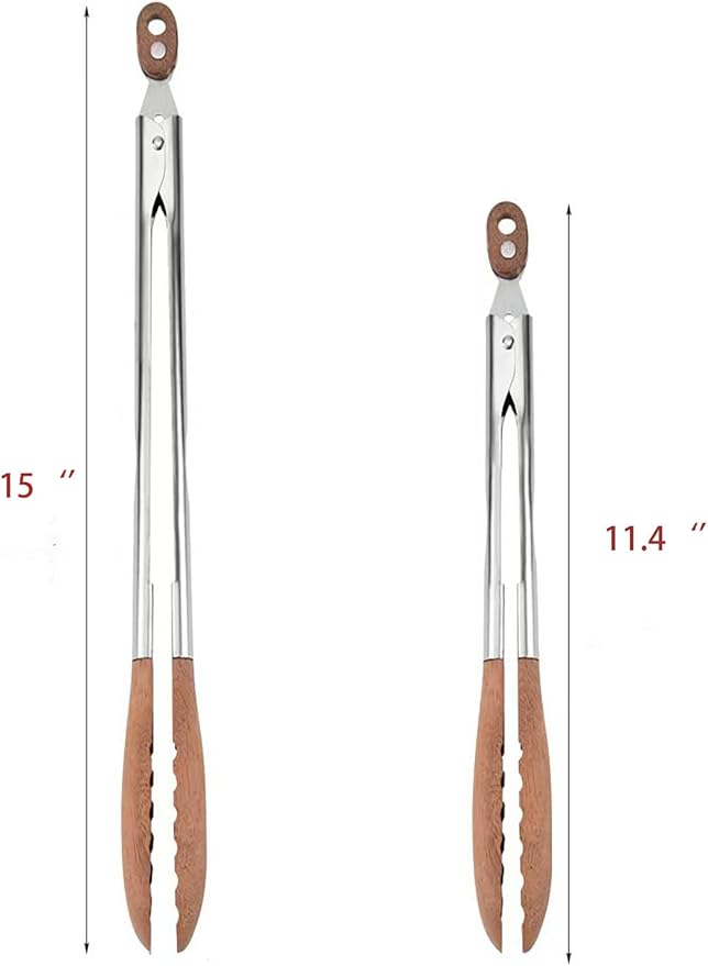 2 Pcs Wooden Tongs for Cooking – 15"/11" Walnut Wooden Kitchen Tongs with Wooden Tips, Ideal for Salad and BBQ