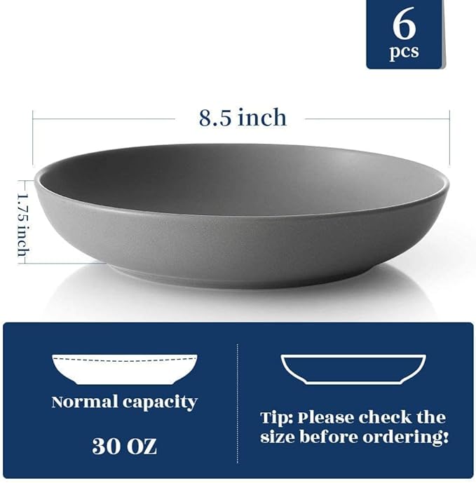 Y YHY Pasta Bowls Set of 6, Large Salad Serving Bowls, Porcelain Soup Bowls 30 Ounces, Wide and Flat, Microwave Dishwasher Safe, Matte Grey