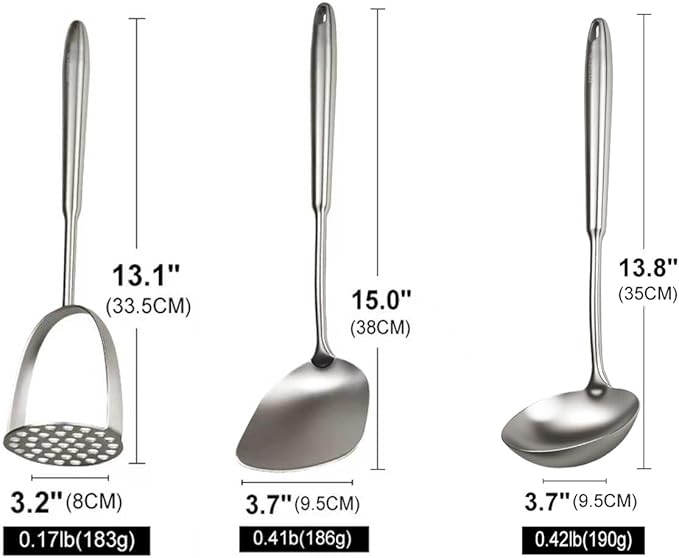 18/10 Stainless Steel Cooking Utensils Set, 3 PCS Long Large Metal Cooking Utensil Tools Set, Mirror Polished Kitchen Gadget Cookware and Kitchen Tool Set, Dishwasher Safe