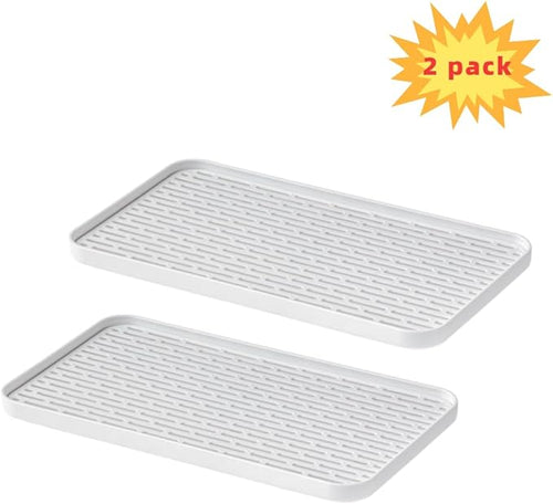 2Packs Serving Tray & Dish Rack & Flat Drain Board, Multi-Use Tray for Serving, Fruit Drain, Cup Drain, Vegetable Drain, White & Grey, Perfect for Coffee, Kitchen, (6.69W x 12.2L)