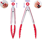 3 Pack Red Kitchen Tongs, Premium Silicone BPA Free Non-Stick Stainless Steel BBQ Cooking Grilling Locking Food Tongs, 9-Inch 10-Inch & 12-Inch