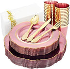 KIRE 210Pcs Clear Pink Plastic Plates with Gold Rim - Disposable Pink Plates&Silverware&Pink Cups&Hand Napkin - Plum Colored Plastic Dinnerware for Upscale Wedding/Party/Baby Shower/Mother's Day