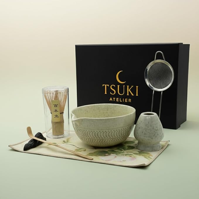 Matcha Whisk Set – 7 Pcs Matcha Kit - Ceramic Bowl, Bamboo Whisk & Holder, Scoop, Sifter, Scoop Rest & Tea Towel – Elegant Matcha Kit for Tea Lovers, Home Decor & Zen Spaces (Green)