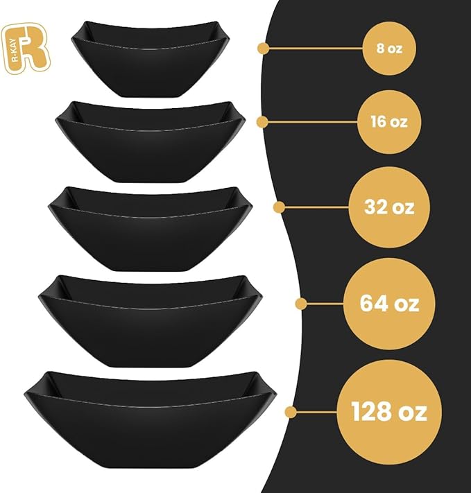 R-kay 6 Pack Black Square Plastic Serving Bowls - Black Plastic bowls 16 Oz - Disposable Serving Bowls - Premium Bowls Disposable Heavy Duty For Weddings Catering And Birthday parties