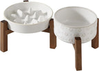 Havniva Ceramic 1.2 Cup Raised Slow Feeder Dog Bowl Set, Elevated 6.1inch Bowl and 7.3inch Slow Feeder Dish with Acacia Wood Stand for Small and Medium Dogs (2 x Reactived Glaze -White+ Stand)