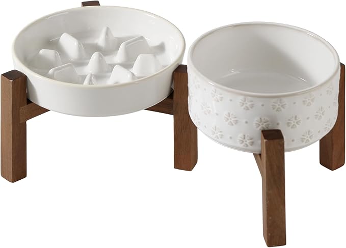 Havniva Ceramic 1.2 Cup Raised Slow Feeder Dog Bowl Set, Elevated 6.1inch Bowl and 7.3inch Slow Feeder Dish with Acacia Wood Stand for Small and Medium Dogs (2 x Reactived Glaze -White+ Stand)