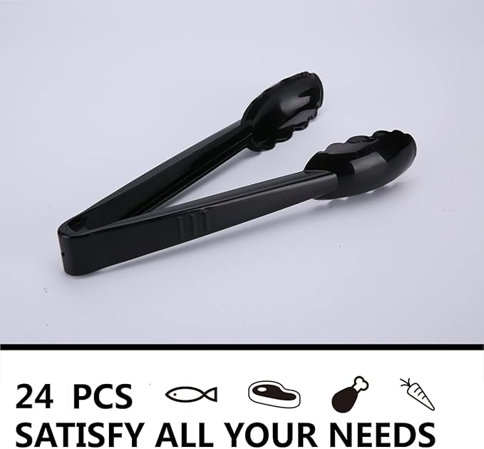 24 Pieces Disposable Serving Tongs, 9" Heavy-Duty Plastic Utensils, BPA-Free, Scalloped Grip Salad Tongs, Perfect for Buffets, BBQ, Parties & Catering, Black