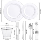 Liacere 350PCS Silver Plastic Plates-Disposable White and Silver Plates 50guest Baroque Plastic Dinnerware Set include 100Plates, 50Pack Pre Rolled Napkins with Silverware 50Cups Perfect for Wedding