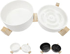 Ceramic Slow Feeder Dog Bowl Set-1 Cup Puzzle Dog Food Bowl & 850ML Water bowl with wooden stand for small dogs, Anti-Gulping,Anti-chewing,Anti-Slip,White