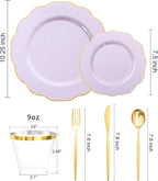 bUCLA 180PCS Purple Plastic Plates - Disposable Purple with Gold Rim, Include 30 Each (Dinner & Salad) Plates, 30 Knives, 30 Forks, 30 Spoons, 30Cups for Party, Shower & Birthday