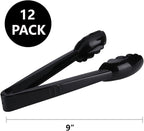 Plastic Tongs for Kitchen, Disposable Utensils Set, 12 Pieces, 9 Inch Heavy Duty Scalloped Salad Serving Tongs, Food Safe Material, Perfect for Buffets and BBQ (12, Black)