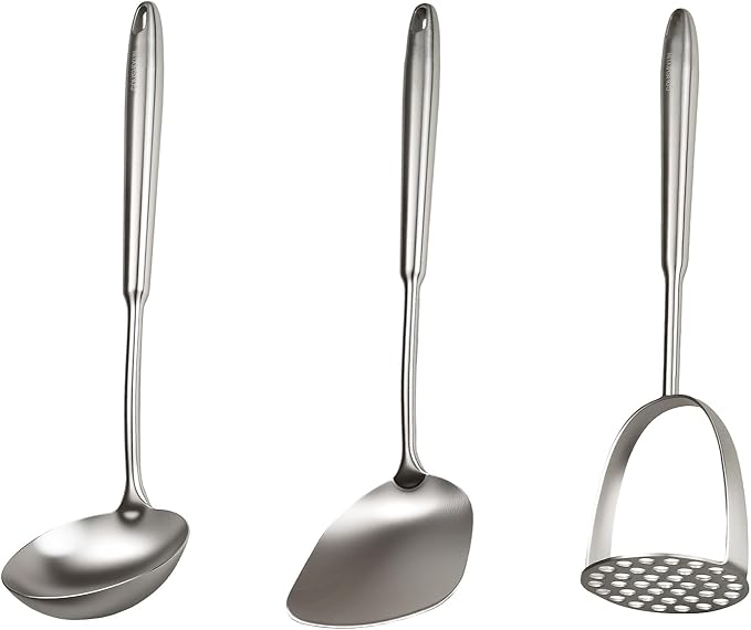18/10 Stainless Steel Cooking Utensils Set, 3 PCS Long Large Metal Cooking Utensil Tools Set, Mirror Polished Kitchen Gadget Cookware and Kitchen Tool Set, Dishwasher Safe