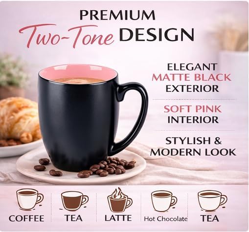 GBhome 12oz Coffee Mugs Set of 6, Large Ceramic Coffee Mugs for Man, Woman, Dad, Mom, Modern Coffee Mugs Set with handle for Tea/Latte/Cappuccino/Milk/Cocoa. Dishwasher&Microwave Safe,Pink