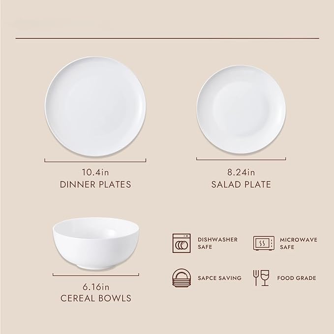 KINGSTONE 6-Piece Bone China Dinnerware Set for 2, Lightweight Porcelain Round Plates and Bowls Set, Durable Scratch Resistant Ceramic Dinner Set, Microwave & Dishwasher Safe, Ivory White