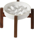 Havniva Ceramic 1.2 Cup Dog Raised Slow Feeder Set, Elevated Bowl with Wooden Stand for Medium and Small Dog, 7.3inch Slow Feeder Dish for Fast Easters(Single Bowl+ Stand, Reactived Glaze -White)