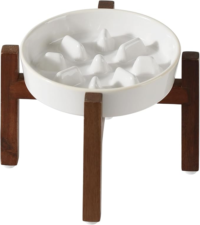 Havniva Ceramic 1.2 Cup Dog Raised Slow Feeder Set, Elevated Bowl with Wooden Stand for Medium and Small Dog, 7.3inch Slow Feeder Dish for Fast Easters(Single Bowl+ Stand, Reactived Glaze -White)