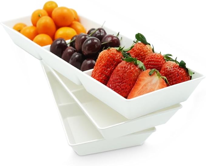 Divided Serving Tray Platter, 3 Pack 15" x 5" Fruit Veggie Food Tray for Party, Plastic Serving Trays for Appetizer, Snack, Dessert, Cookie, Brunch Decorations Platters, White Trays BPA-Free