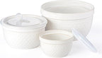 Ceramic Mixing Bowls 3-Piece: Nesting Ceramic Bowls with Lids - Microwave Safe for Kitchen Baking and Serving - Ideal for Home Bakers (White)