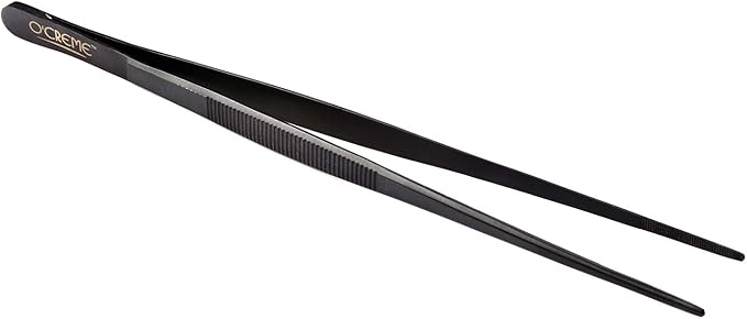 O'Creme 10 Inch Black Precision Stainless Steel Kitchen Tweezer Tongs with Serrated Tips for Gripping