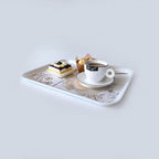 Large Serving Platter Melamine Trays 2 Pack Stackable Food Tray with Floral Print for Gift, Party, Decor, Home, Restaurant (Gold Rose, Medium)