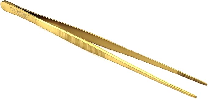O'Creme 10 Inch Gold-Colored-Exterior Stainless Steel Precision Kitchen Tweezer Tongs with Serrated Tips for Gripping