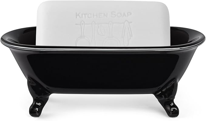 6.5" Ceramic Mini Decorative Clawfoot Bathtub Bar Soap Dish, Kitchen Sponge Holder and Shower Tray for Bathroom, 1 Pack (Black Silver Rim)