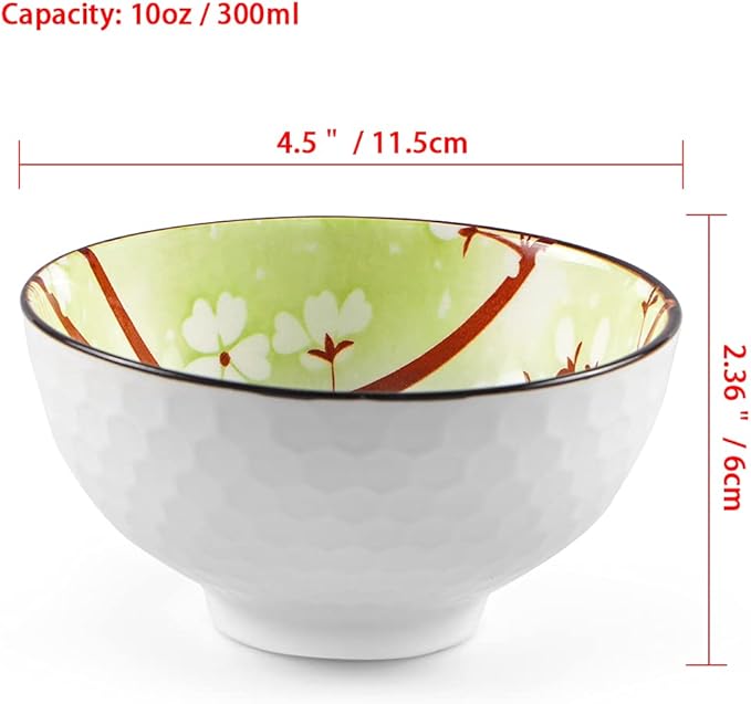 Ceramic Rice Bowls 10 oz, Sakura Bowl Gift Set, Assorted Color Dinnerware Serving Bowls for Rice, Cereal, Noodle, Soup, Desserts, Pack of 4 (Cherry Blossom)